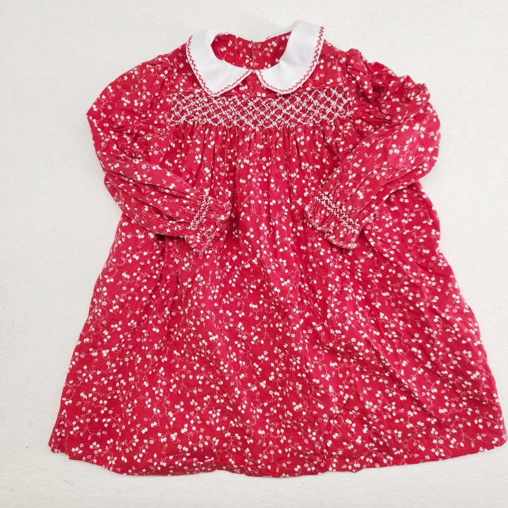 Vintage Handmade Red White Floral Smocked Dress Peter Pan Collar Toddler